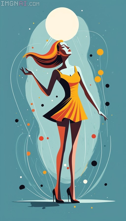 A full-body vector illustration of a woman with long orange hair wearing a yellow dress and black heels, standing against a teal background with a large white circle behind her head.