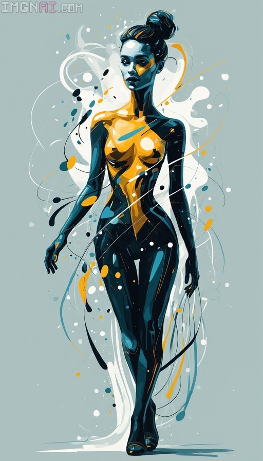 A full-body digital illustration of a woman with dark skin and yellow paint accents standing against an abstract background with swirling lines and dots.
