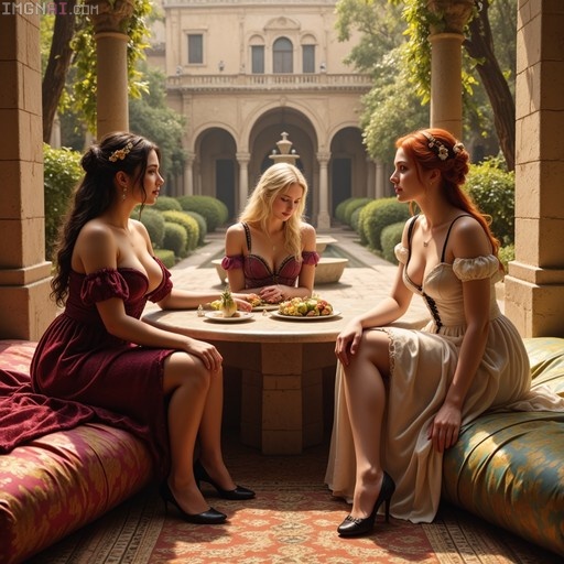 Three women in 17th-century style gowns seated on cushions around a stone table laden with fruit in a sunlit, Moorish-style courtyard.