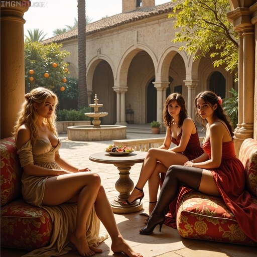 Three women in elegant dresses sitting on cushions around a fruit table in a sunny courtyard with arches.