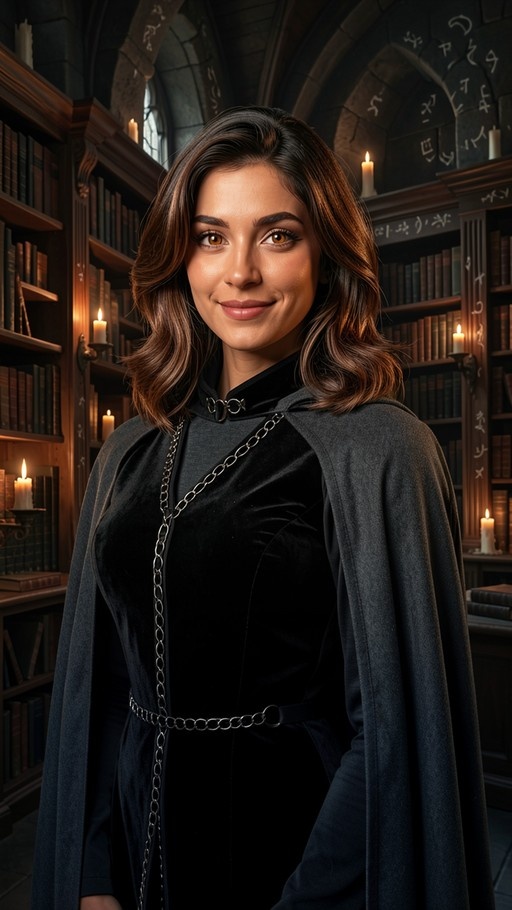 A young woman with brown hair and amber eyes smiles at the viewer while wearing a black velvet dress and grey cape in a candlelit library filled with books.