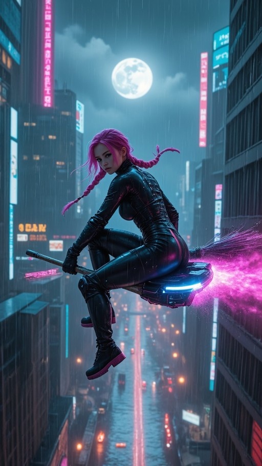 A pink-haired girl in a black bodysuit rides a glowing futuristic broom through a rainy cyberpunk city at night.