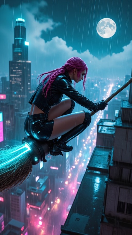 A young woman with long pink hair rides a glowing broomstick through the rain over a neon-lit city at night under a full moon.