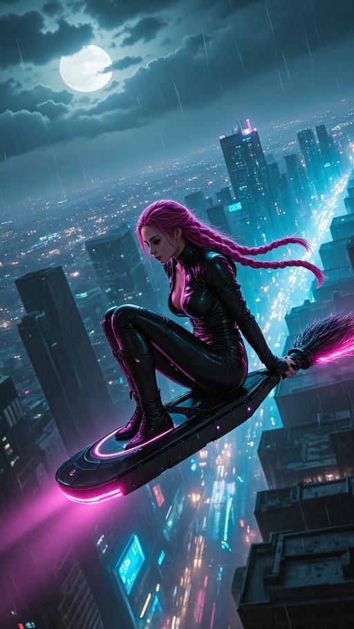 A pink-haired girl in a black bodysuit rides a glowing futuristic broomstick over a rainy city at night.