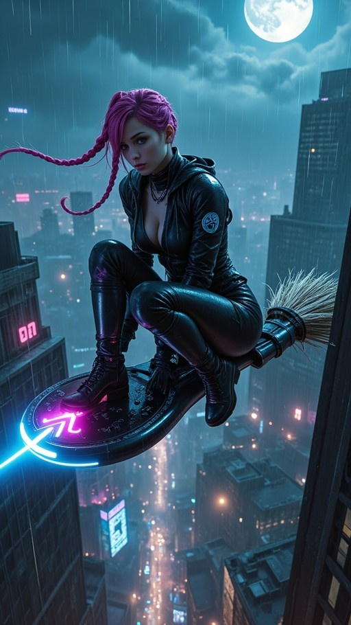 A pink-haired woman in a black leather suit rides a glowing broomstick over a rainy cyberpunk city at night under a full moon.