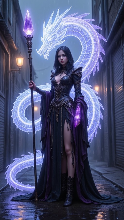 A female sorceress in a black dress holds a staff while a translucent eastern dragon glows behind her in the rain.