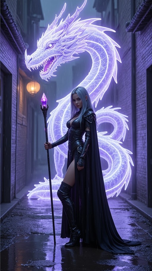 A woman with long grey hair wearing black armor and boots stands in an alley holding a staff, with a large glowing purple dragon behind her.