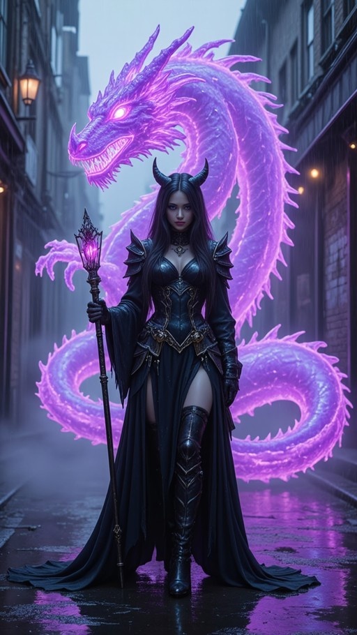 A horned woman in black armor holding a glowing staff stands on a wet street with a large translucent purple dragon behind her.
