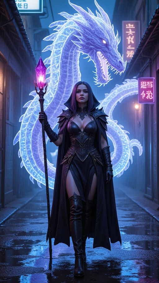 A female mage in a black hooded cloak holding a glowing staff stands on a rainy street with a large spectral blue dragon behind her.