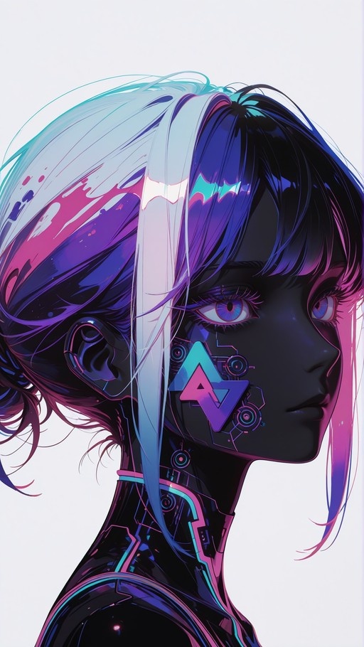 Close-up of a dark-skinned cyberpunk woman with split white and purple hair and a glowing geometric facial implant.