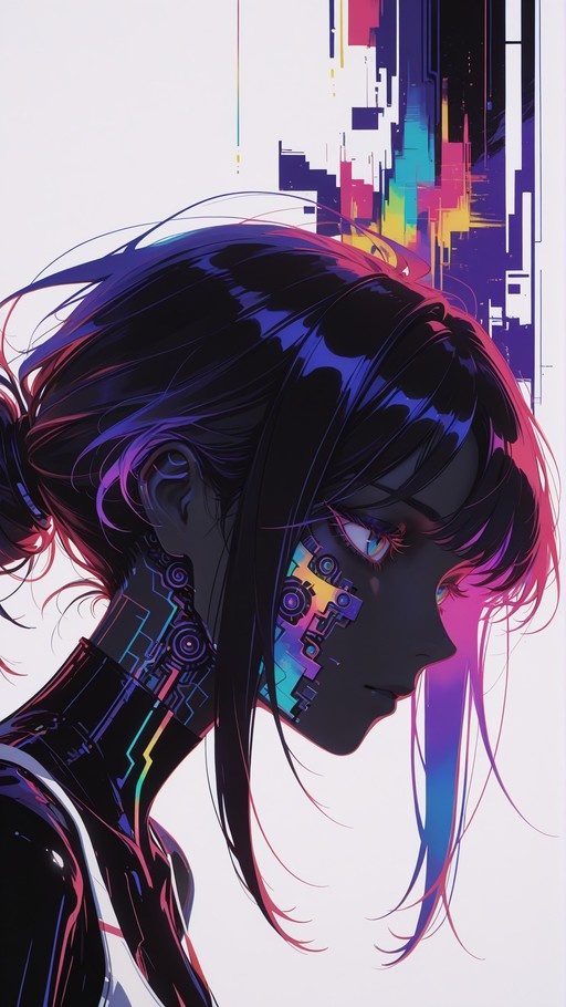 Profile view of an anime-style cyborg woman with dark hair, glowing blue eyes, and visible mechanical neck and cheek implants against a glitch-art background.