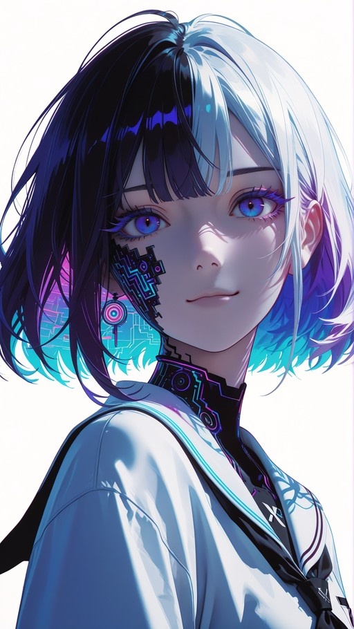 A close-up portrait of an anime-style girl with short two-toned hair in black and white, wearing a white sailor uniform and featuring a glowing cybernetic implant on her cheek.