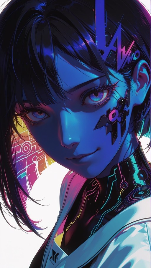 Close-up digital art of Lucy from Cyberpunk: Edgerunners with short black hair and a facial cybernetic implant, lit by blue and pink neon lights.
