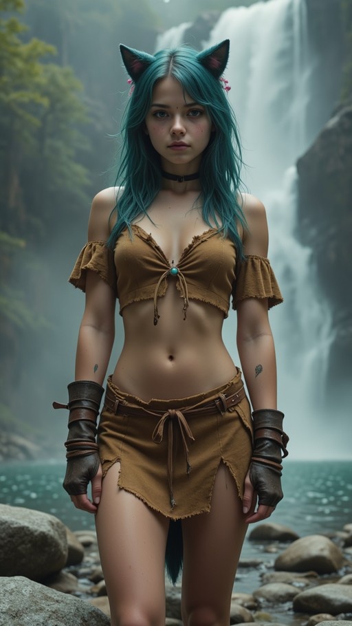 A teal-haired woman with cat ears stands in front of a misty waterfall wearing a brown tattered outfit and leather gloves.