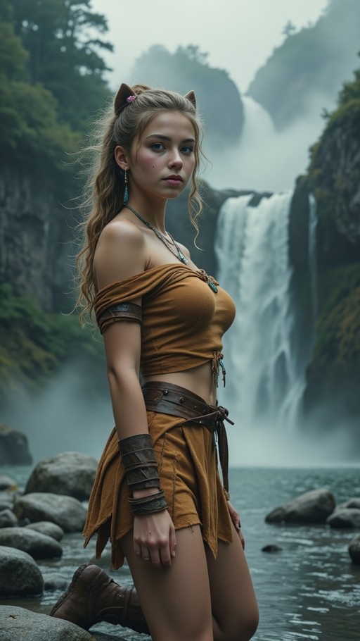 A realistic digital illustration of a blonde woman with cat ears wearing fantasy leather armor standing in front of a waterfall.