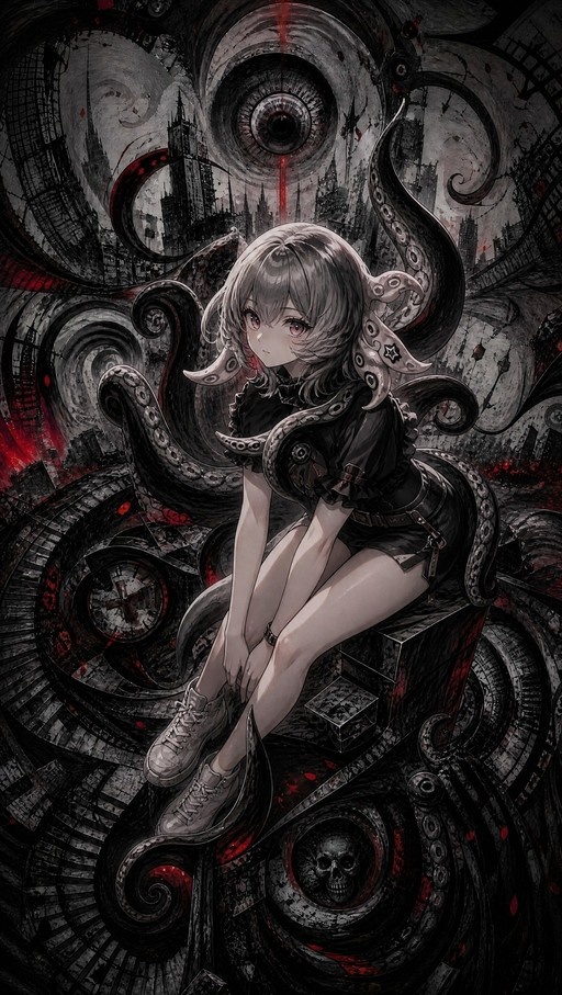 A grey-haired anime girl with red eyes and large tentacles wrapping around her, sitting in a dark, surreal gothic cityscape with a giant eye in the background.