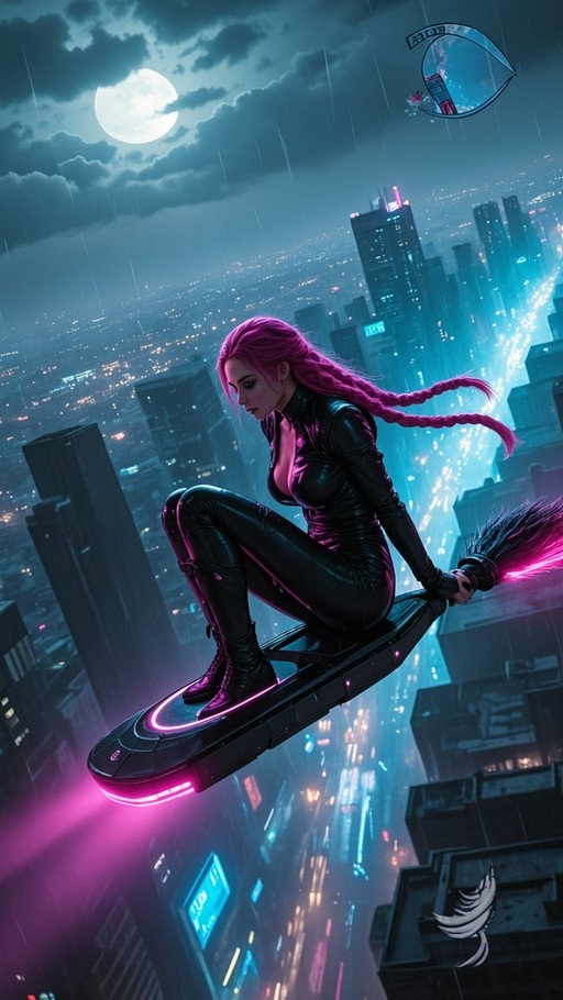 A woman with long pink braids rides a glowing hoverboard over a rainy cyberpunk city at night under a full moon.