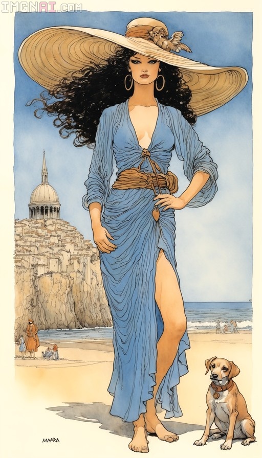 A tall woman with long dark hair wearing a large straw hat and a blue dress stands barefoot on a beach next to a sitting dog, with a cliffside village in the background.