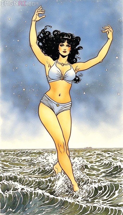 A full-body illustration of a woman with long black hair wearing a white bikini, standing in ocean waves with her arms raised, rendered in a Milo Manara comic style.