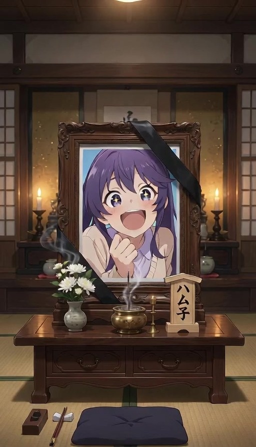 Purple-haired anime girl punches through a paper backdrop and steps into a green chroma key space.
