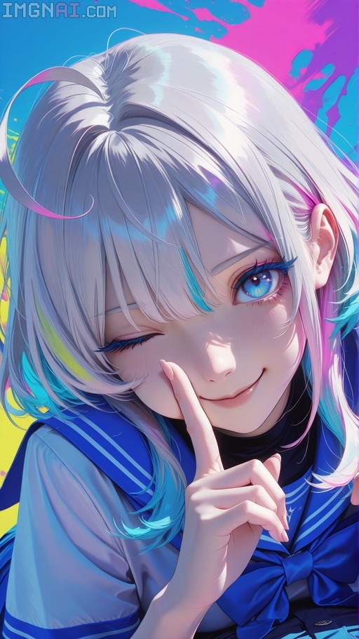 Close-up of a winking anime girl with white and blue hair touching her cheek, wearing a blue sailor uniform against a colorful abstract background.