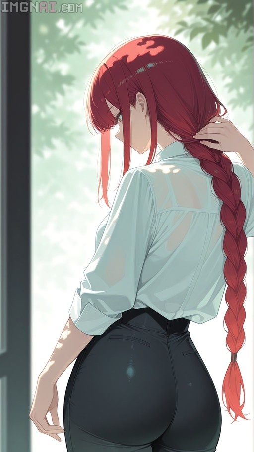 Makima from Chainsaw Man seen from behind with long red braided hair, wearing a white shirt and black pants in dappled sunlight.
