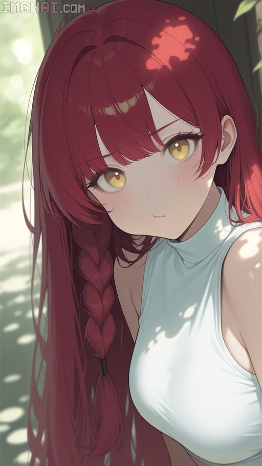 Close-up illustration of an anime girl with long red hair in a side braid and yellow eyes wearing a white sleeveless top under dappled sunlight.