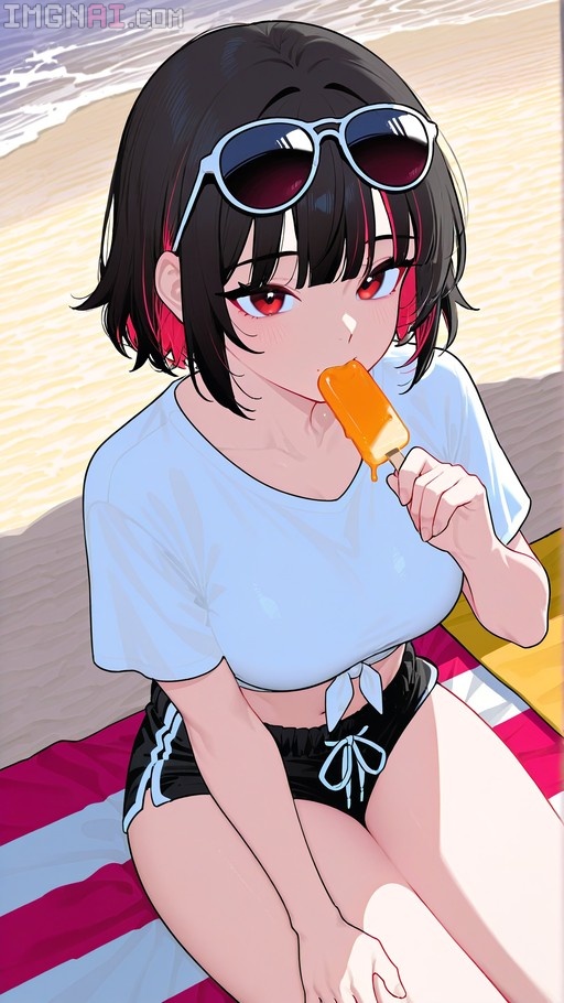 An anime girl with short black and pink hair sits on a beach towel wearing sunglasses on her head and eating an orange popsicle.