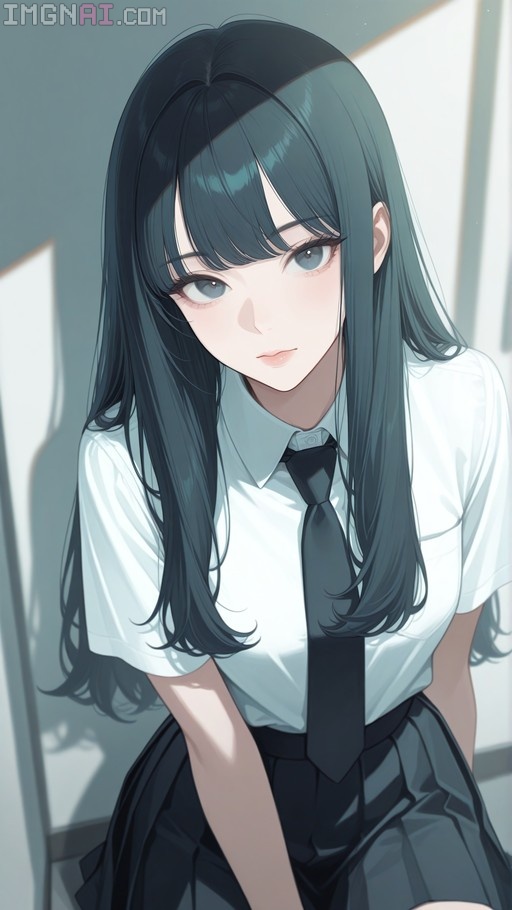 Anime-style illustration of a girl with long dark hair and grey eyes, wearing a white shirt, black tie, and pleated skirt while looking directly forward.