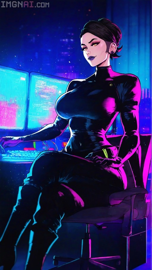A cyberpunk hacker woman with short black hair and yellow eyes sits at a desk with multiple glowing monitors, wearing a tight black outfit under neon blue and purple lighting.