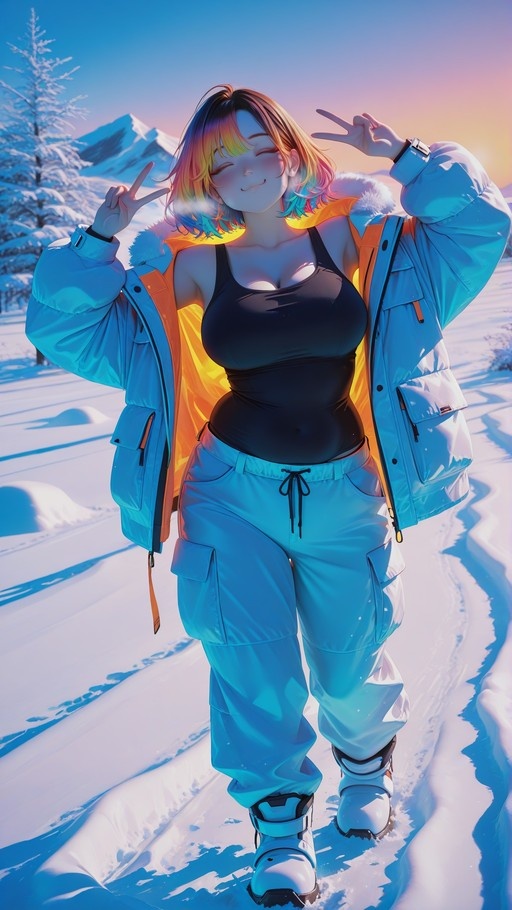Anime girl with short multicolored hair making double peace signs in a snowy mountain landscape wearing a blue puffer jacket.