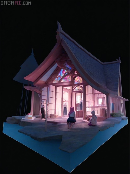 Isometric 3D render of Naifu, Frieren, and Ahri sitting on a deck outside a house with glowing stained glass windows.