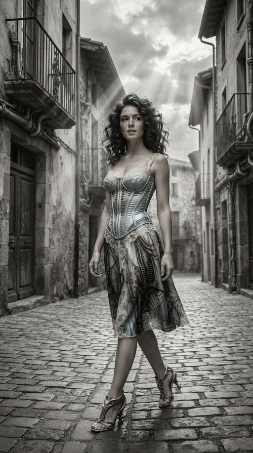 A monochrome digital portrait of a woman with curly hair wearing a corset and patterned dress, walking down a sunlit cobblestone alley.