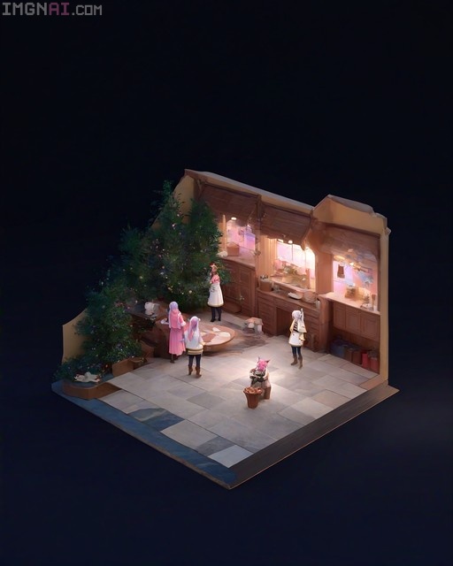 Isometric 3D render of Frieren, Ahri, and Naifu inside a cozy Christmas shop diorama with warm lighting.