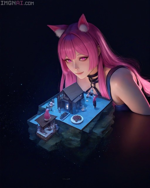A giant anime girl with long pink hair and cat ears looks down at a miniature cross-sectioned house diorama containing tiny figures of Frieren and Ahri.
