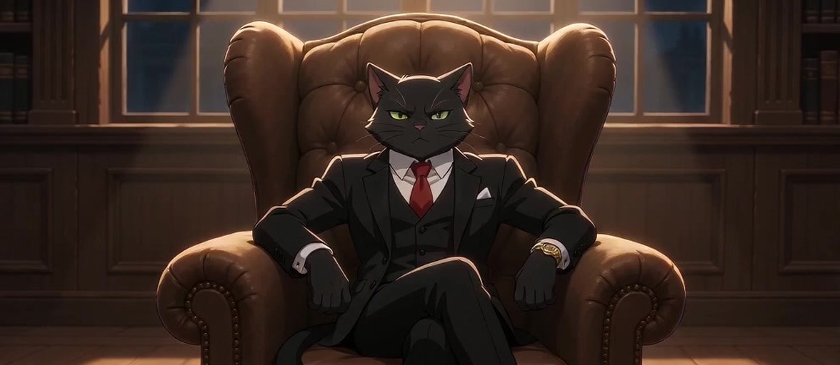 A red-skinned furry male with cat ears and demon horns sits in an armchair wearing a black suit and red tie while holding a smoking cigar.