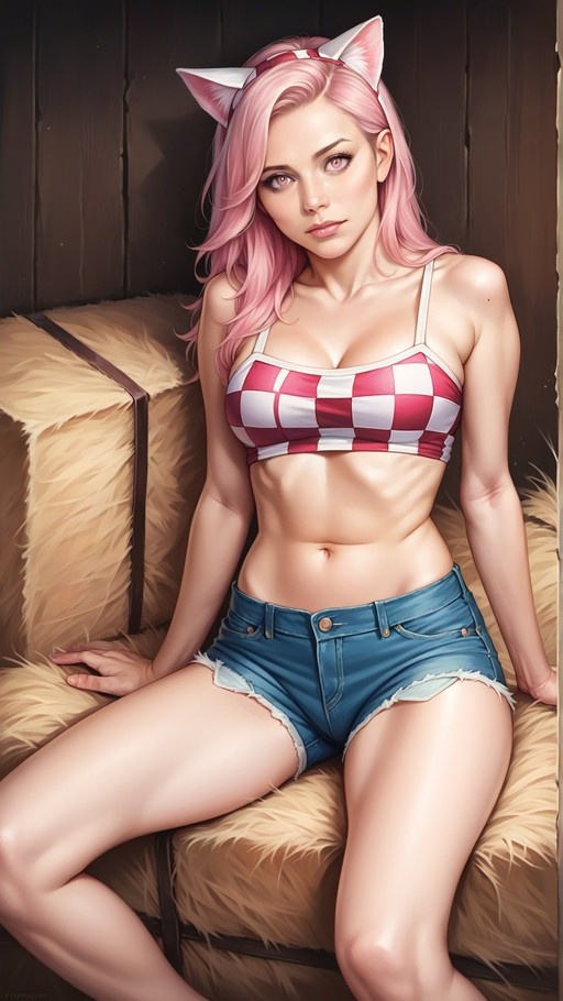 A pink-haired woman with cat ears wearing a red and white checkered crop top and blue denim shorts sits on a furry surface looking at the viewer.