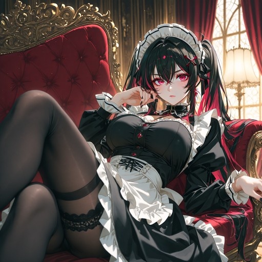 An anime-style girl with black and red hair in a maid outfit reclining on a red velvet chair.