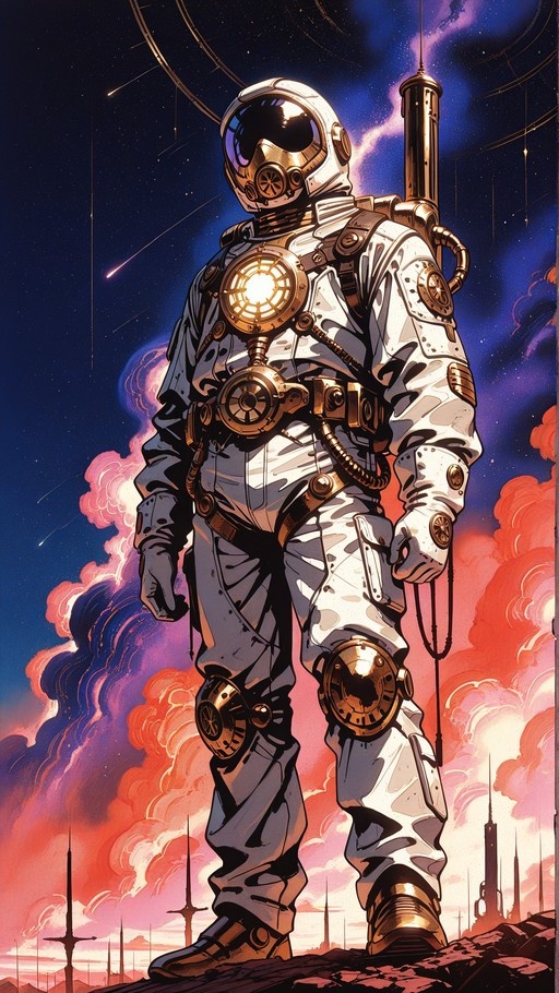 A lone astronaut in a white and gold spacesuit stands on rocky terrain beneath a night sky filled with pink clouds and streaking meteors.