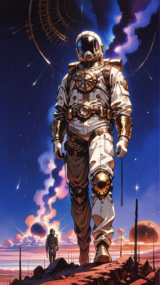 A giant astronaut in a detailed white and gold spacesuit stands on a rocky surface with a smaller figure, planets, and shooting stars in the background.