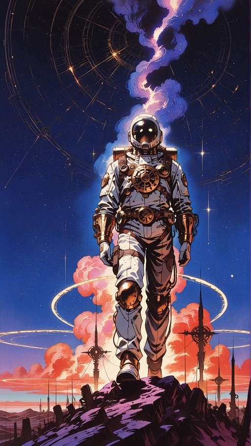 An astronaut in a white and gold spacesuit walks across a rocky purple terrain under a starry blue sky with pink clouds and large orbital rings.