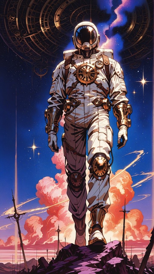 Astronaut in white spacesuit with gold accents standing on rocky terrain under a starry blue sky with pink clouds