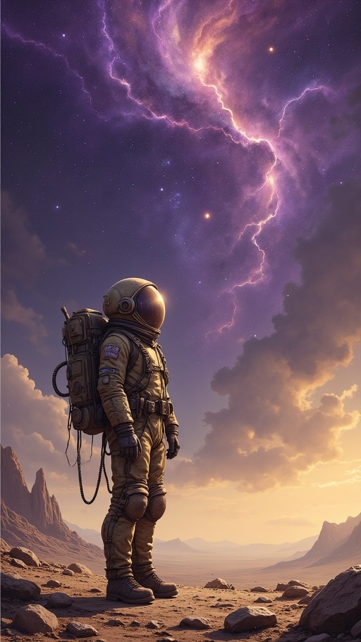 An astronaut in a tan spacesuit stands on a rocky surface looking up at a purple sky with lightning bolts and stars.