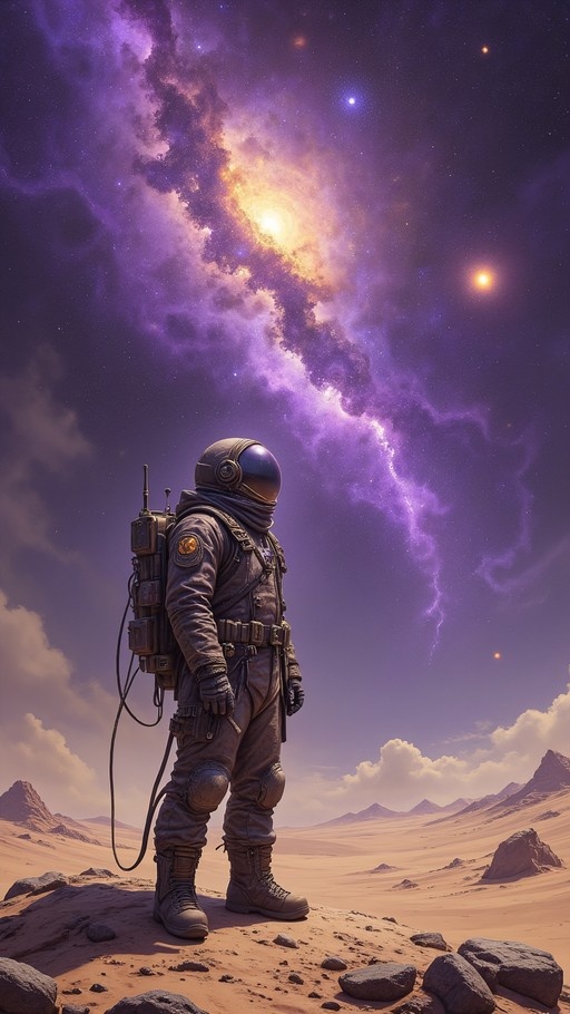 Astronaut in a spacesuit standing on a rocky desert surface looking up at a vibrant purple and orange galaxy in the sky.