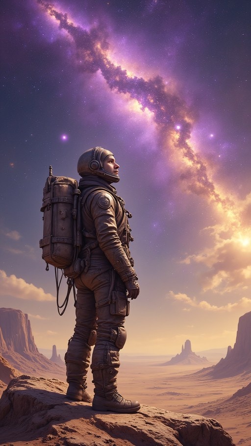 A full-body side view of an astronaut in a rugged spacesuit and helmet standing on a rocky cliff, looking up at a vast night sky filled with a bright purple and orange nebula and stars.