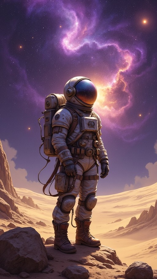 A lone astronaut in a full spacesuit stands on a rocky hill overlooking a vast desert landscape under a vibrant purple and pink nebula-filled sky.