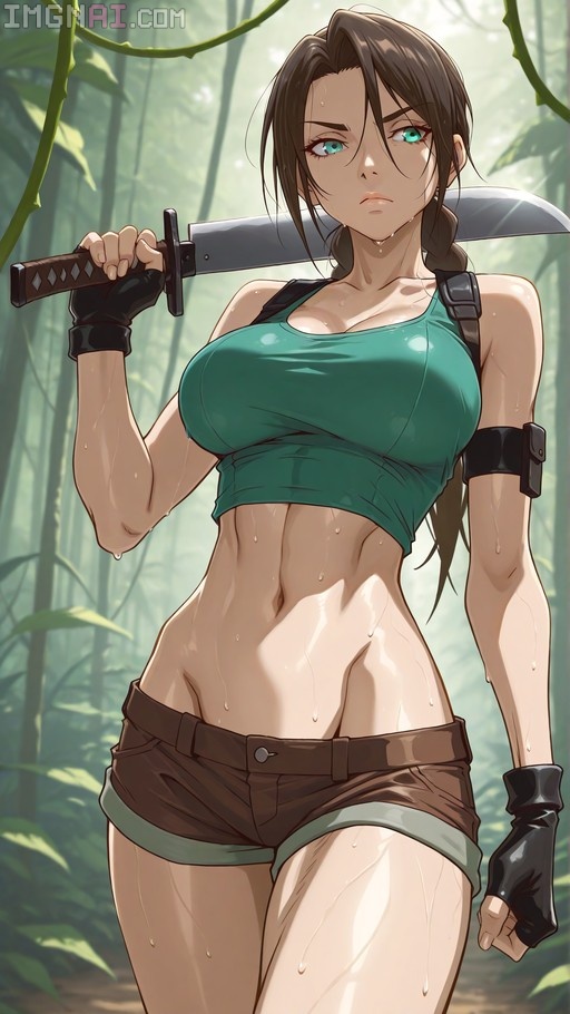 Lara Croft holding a machete in a jungle setting