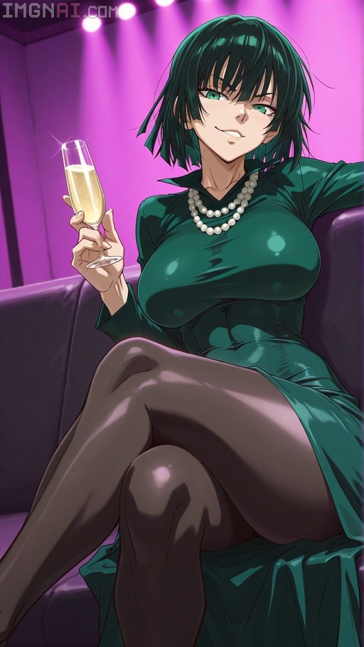 Fubuki from One Punch Man sitting on a sofa in a green dress and black pantyhose, holding a champagne flute with a pearl necklace around her neck under purple lighting.