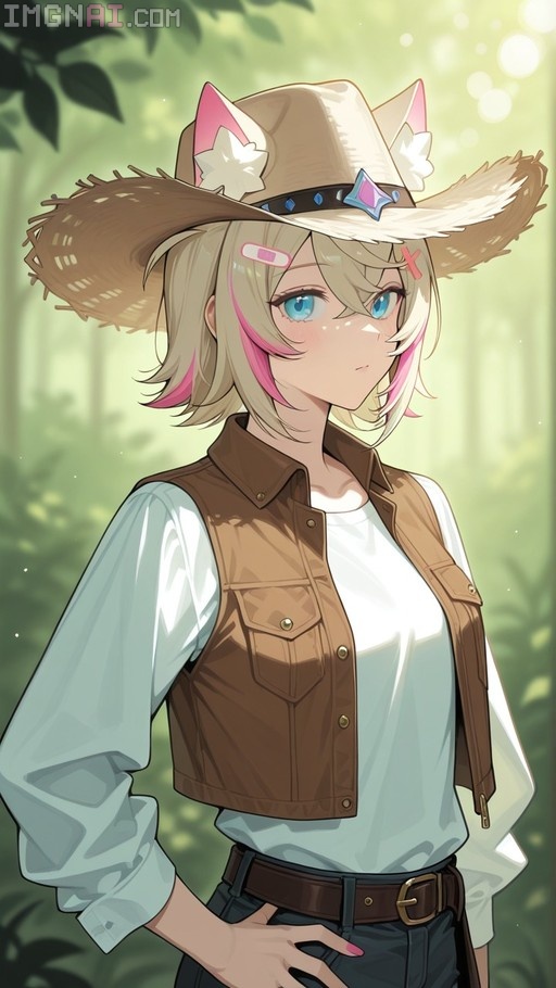 Mococo Abyssgard wearing a brown cowboy hat with dog ears and a brown vest over a white shirt, standing outdoors with her hand on her hip.