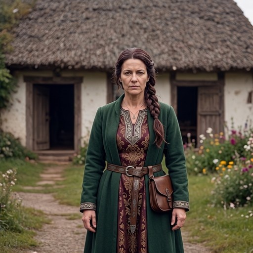 A woman with a brown braid wearing a green coat and maroon dress stands in front of a white house with a thatched roof.